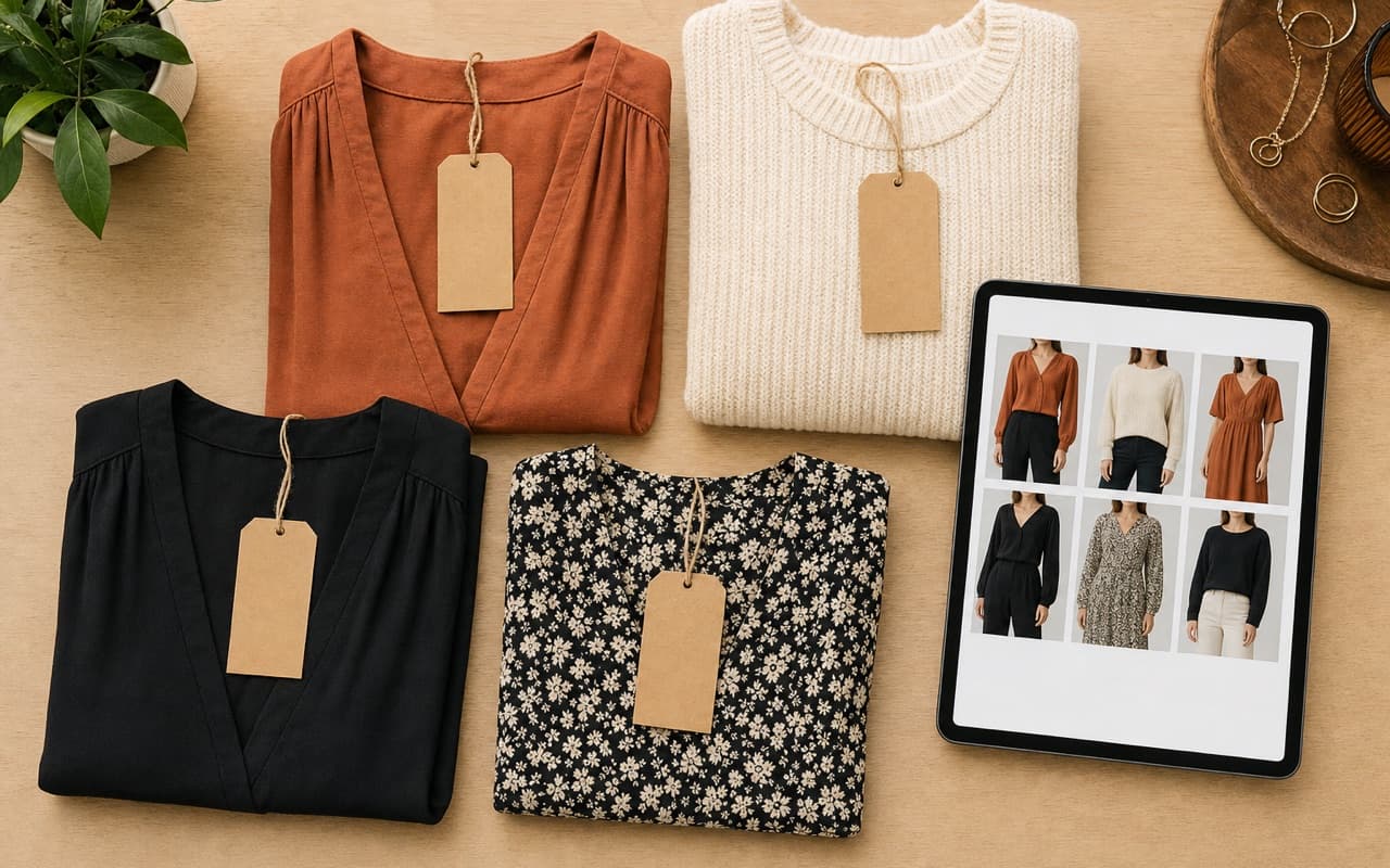 Peças de roupa com etiquetas de tamanho e preço organizadas