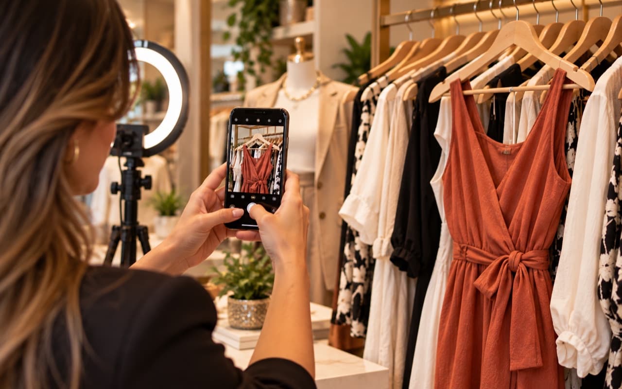 Lojista fotografando um look com o celular dentro da loja