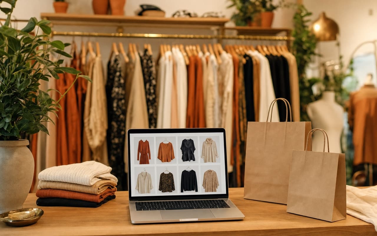 Notebook aberto em uma vitrine virtual de roupas