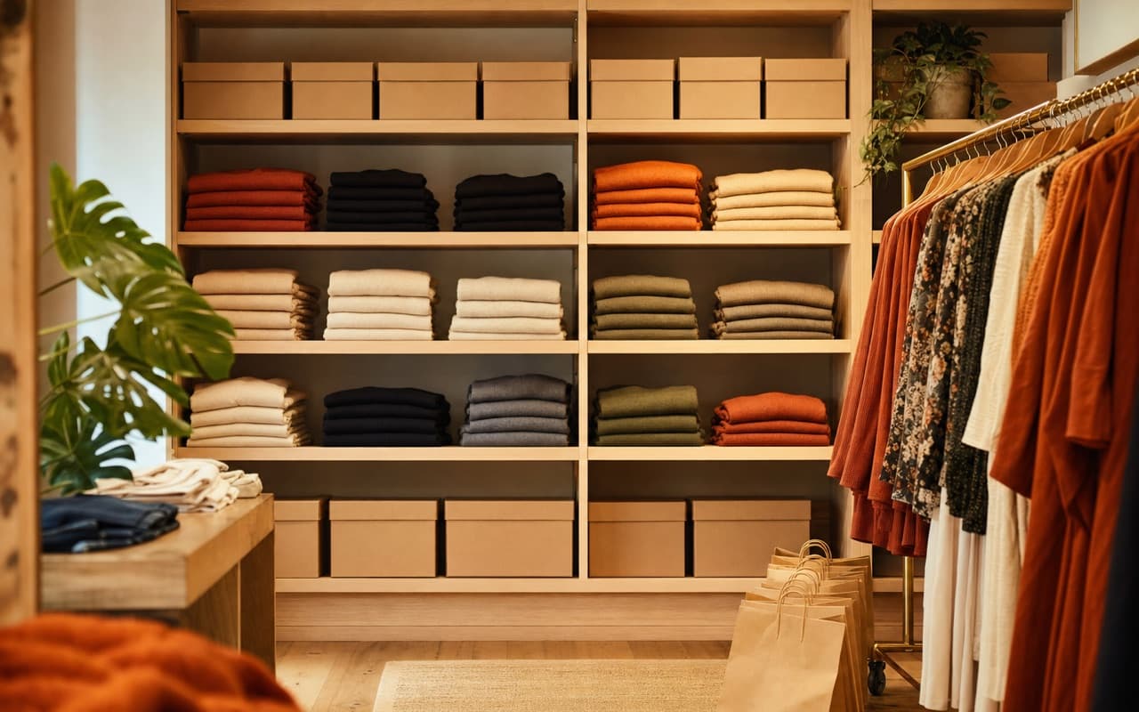 Estoque de loja de moda organizado em prateleiras