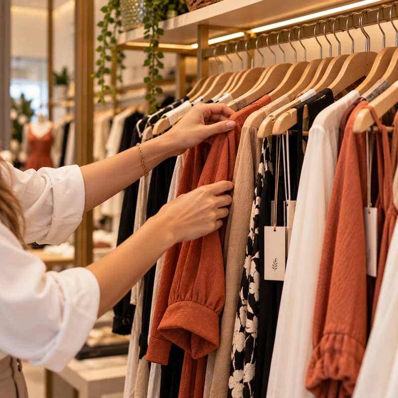 Mãos organizando peças de roupa em uma arara